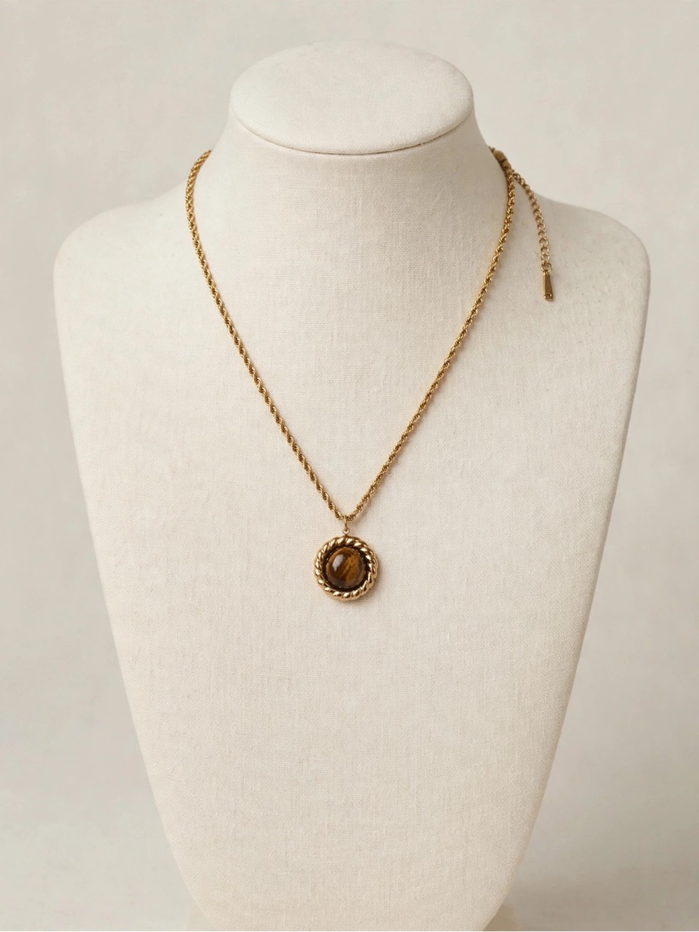Gold Plated Tiger's Eye Bezel Setting Pendant Necklace/ Rope chain